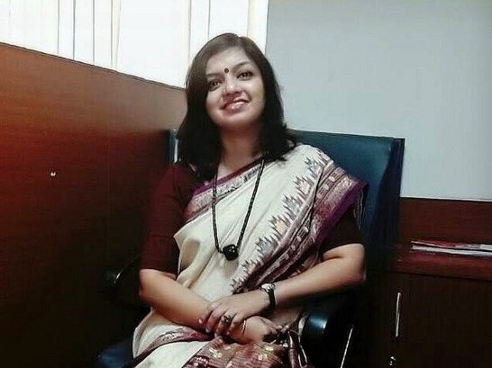 Manobina Chakraborty, sat down in a classroom wearing a sari.