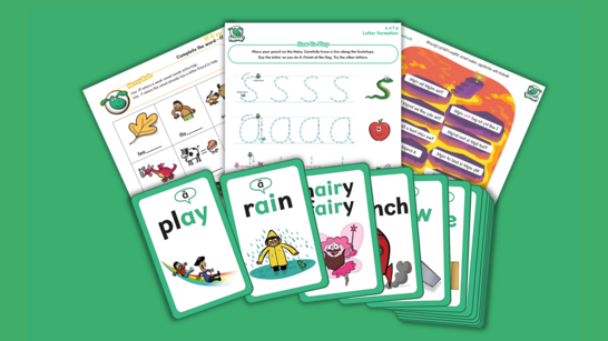 Printable worksheets and Nessy Phonics Cards are spread out, showing colourful and fun learning games and strategies.