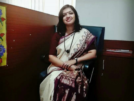 Manobina Chakraborty, sat down in a classroom wearing a sari.